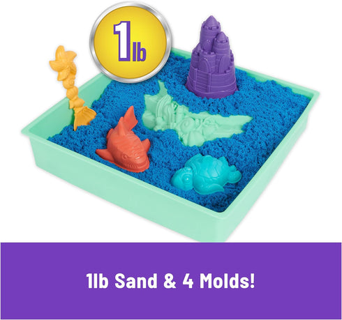Kinetic Sand Sandbox Set, 1lb Blue Play Sand with 4 Molds and Tools, Sensory Toys for Kids Ages 3+
