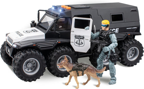 Police Car Toy, 8x8 Friction Powered with Light, Sounds, Openable Doors, Military Policeman & Dog for Boys 3-8