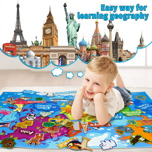 Taika Set, Set, 43x28 inch 4+ World Felt Felt World Map with World Famous Sights, Educational Play Mat Flannel Board