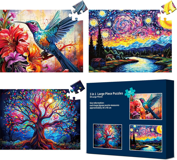 3 Packs 48 Large Piece Puzzles for Seniors - Dementia and Alzheimer’s Memory Cognitive Games with Storage Bags