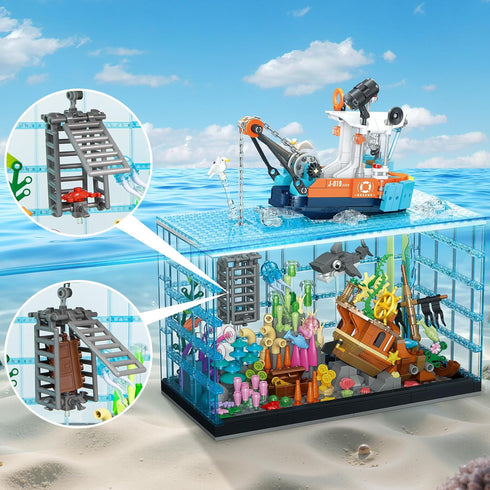 Set 830PCS Set Fish Tank Building Blocks - Ocean Treasure Hunt Building with Adventure Boat, Shark, Jellyfish & Coral