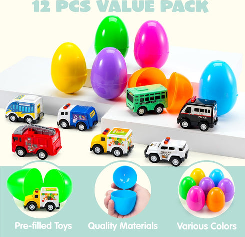 12 JOYIN Pcs Prefilled Easter Eggs with Toys, Plastic Eggs with Alloy Pull Back Cars, Easter Basket Stuffers, Party