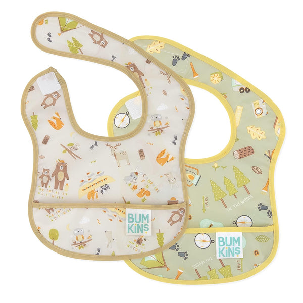 Bumkins Bibs for Baby Girl or Boy, Infant 3-9 Months, Waterproof Soft Fabric Starter Bib 2-pk Camp Gear