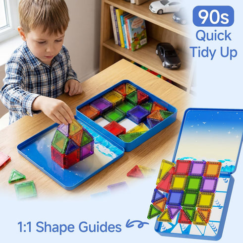 60 Set WMXDU PCS Magnetic Tiles Travel for Kids, Portable Magnetic Building Blocks with Tin Box, Car Rides Airplane