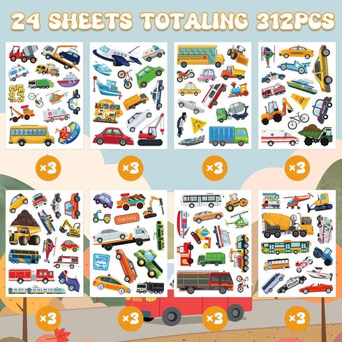 Chinyuti 312Pcs Transportation Stickers, Cute Truck Stickers Construction Sticker Self-Adhesive Transportation Vehicle