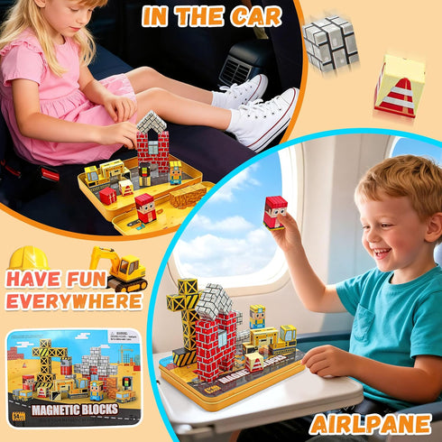 CREAFOMIFE 54 3+, Pcs Mini Magnetic Blocks Travel Toys with Portable Iron Storage Box for Kids Construction Themed