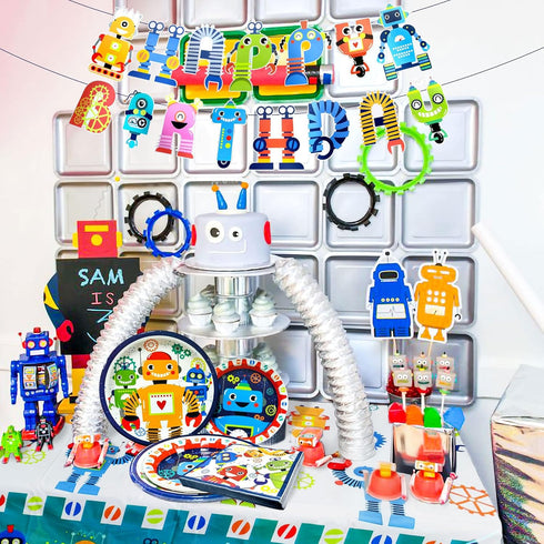 Pack 34 Set LaVenty Robot Birthday Party - Piece Including Banner, Plates, Napkins & Decorations