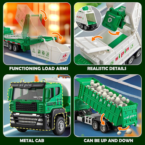 TAKGUD 4 Packs Set Die-cast Mini Garbage Truck Toy, Metal Trash Truck Vehicles for Kids, Friction Powered Recycling