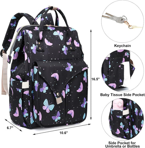 Mimfutu Backpack Butterfly Diaper Bag for Baby Girls Boys, Large Capacity Multifunction Waterproof Maternity Mom Nappy