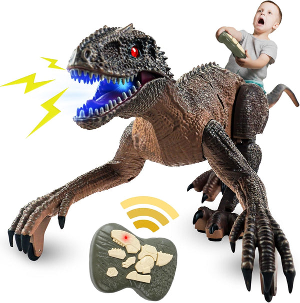 Dinosaur Toys for Kids - 2.4G Remote Control Velociraptor with 3D Eye, Shaking Head, LED Light & Roaring Sounds for 6+
