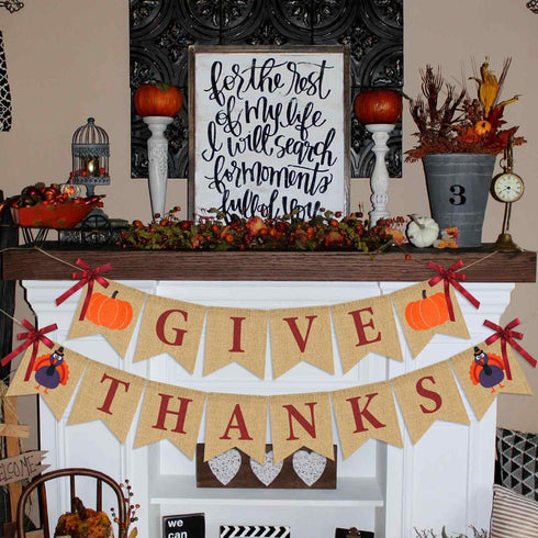 Give Thanks Burlap Banner - Rustic Thanksgiving Decorations - Turkey Pumpkin Bunting for Party Supplies
