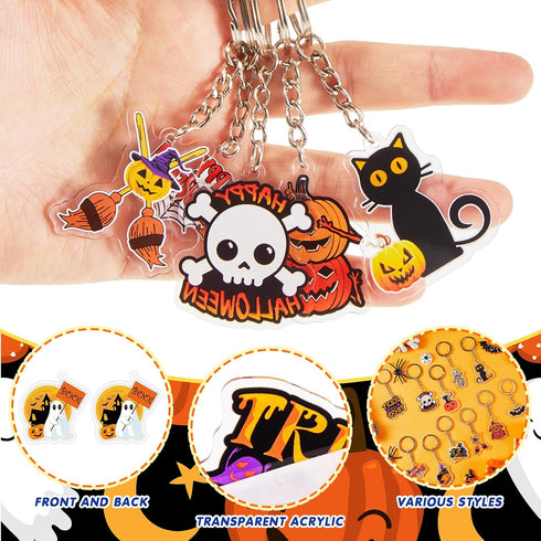Kigeli 60 Pcs Halloween Keychain Bulk - Ghost, Bat, Cat, Pumpkin, Skeletons - Party Favors for Kids & Adults