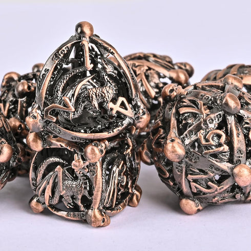 DND Metal Dice Set, UBEUCK 7PCS Skull and Dragon Dice for Dungeons & Dragons, Ancient Red Copper