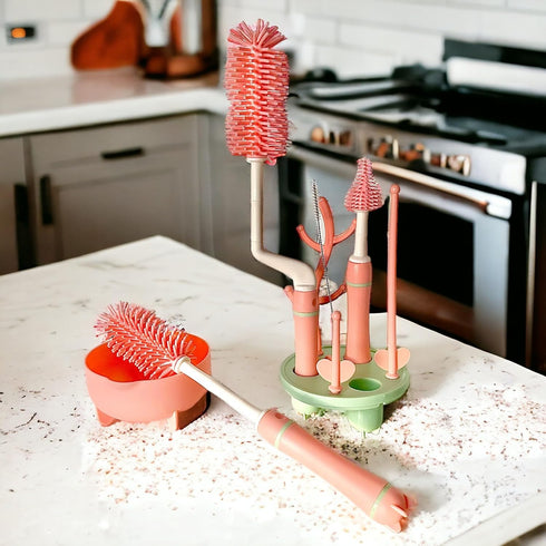 Silicone Baby Bottle Brush Set with Stand, 360° Rotating Cleaning Brush, 4-Piece Multipurpose Silicone Baby Bottle and