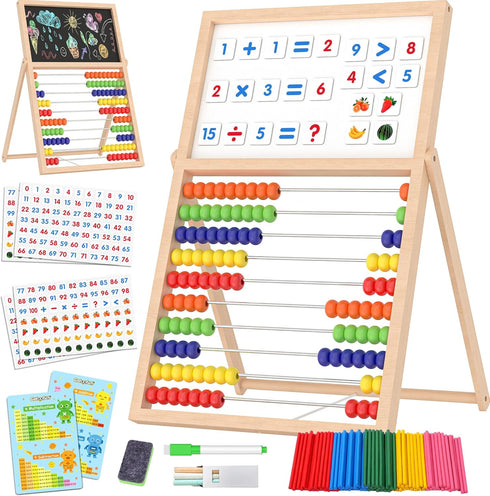 Wooden Abacus for Kids Math - Double-Sided Blackboard Whiteboard for Toddlers with