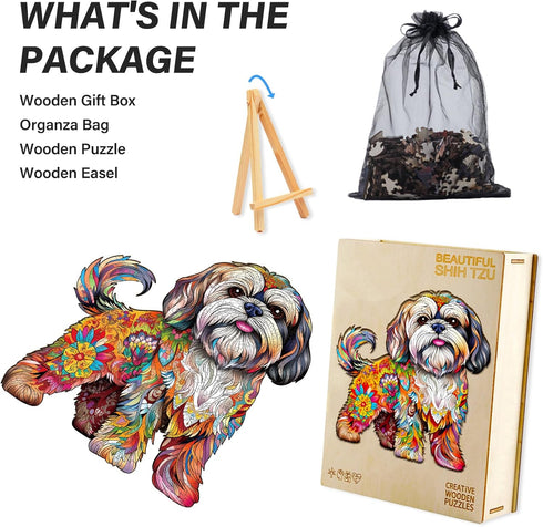 wudhank (M-10.6 11.4in-190pcs) Wooden Puzzles for Adult, Shih Tzu Dog Wooden Jigsaw Puzzle, Unique Wood Shape Cut