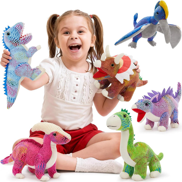 MaoGoLan 6Pcs Stuffed Animals Bulk Dinosaur Plushies with Sequin, 12'' Stuffed Dinosaur