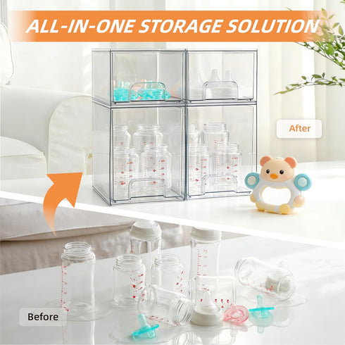 4 Pack Countertop Baby Bottle Organizer, Bottle Storage Organizer Baby with Labels, Clear Stackable Storage Drawers