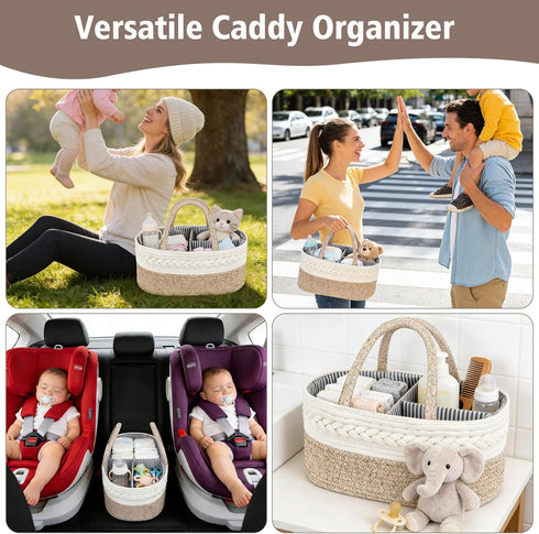 Diaper Caddy Organizer, Cotton Rope Baby Basket for Nursery and Changing Table, Portable Diaper Caddy with Removable