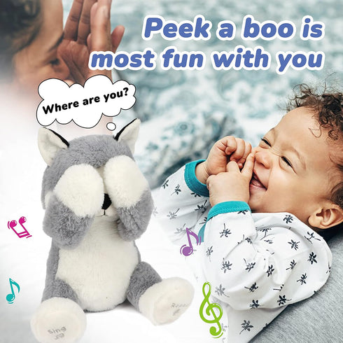 Hopearl Peek A Boo Husky Interactive Plush Dog Toy, Musical Singing Talking Stuffed Animal, Gray, 11.5''.