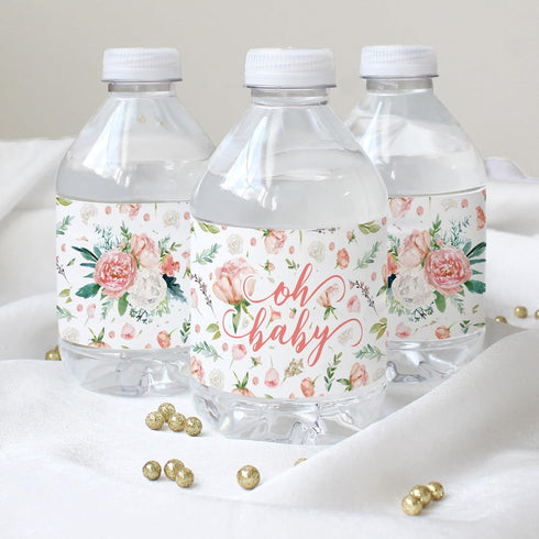 Baby in Bloom Baby Shower Water Bottle Labels - 20 Waterproof Stickers for Pink Floral Boho Girl Baby Shower