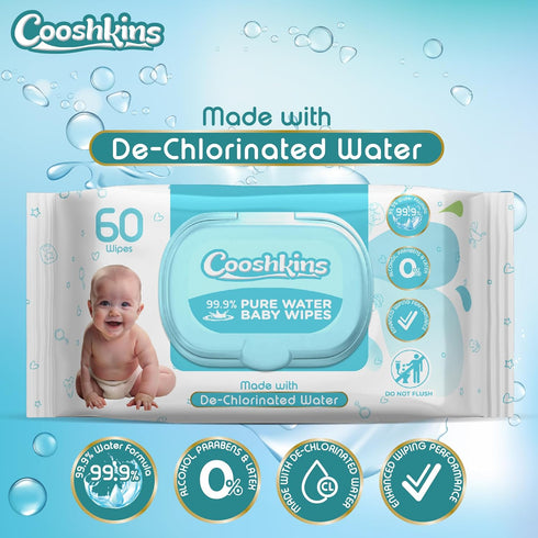 COOSHKINS 60 Count (Pack 1) 99.9% De-Chlorinated Pure Water Baby Wipes | Soft & Thick of Gentle Unscented Wipes
