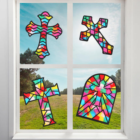 Yeaqee 24 Pack Cross DIY Suncatcher Paper Crafts Easter Crafts for Kids Religious Paper Suncatchers for Sunday School