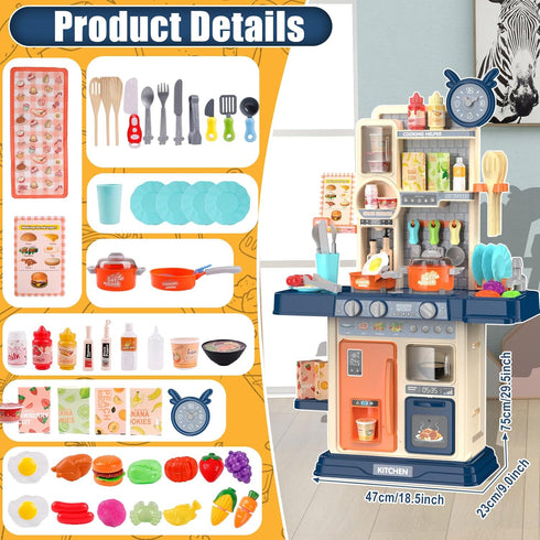 Playset Set 3 4 5 Play Kitchen for Toddlers, Kids Kitchen Toddler Girl Toys with Cooking Stove Steam, Sink and Food