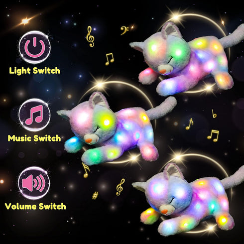Hopearl LED Musical Stuffed Cat, Singing Plush Toy Playset with 3 Baby Kittens, 18'' Rainbow