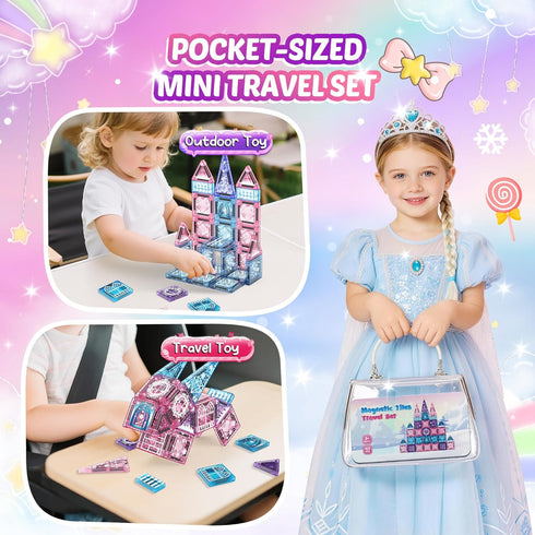 Windidi 2 3-5 4-8 8-12 Magnetic Tiles Princess Toys, Princess Castle Travel Magnetic Blocks with Metal Box & Dolls