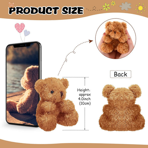 6 Mini Bear Plush Stuffed Animals - 4 Inch Brown Bulk Toys for Baby Shower Party Favors