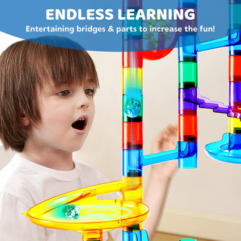 JOYIN 150Pcs Glowing Marble Run - Construction Building Blocks Toys with 5 Glow in The Dark Glass Marbles