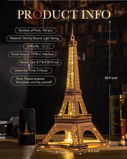 Tower,3D 3D Set Rowood Eiffel Puzzle Model Kits for Adults,DIY Wooden Puzzles for Adults,Builing with LED,Home