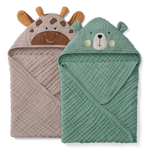 Blissful Diary Muslin Baby Hooded Towel 2 Pack, Soft & Absorbent Bath