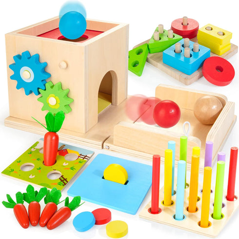 Montessori Toys 8-in-1 Wooden Play Kit for 1+ Year Old, Learning Activity Cube, Sorting & Stacking Toy, Gift for Boys