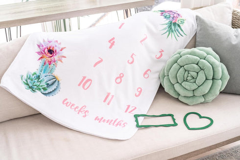 Baby Monthly Milestone Blanket for Baby Girl, 60"x40" Cactus Growth Chart, Weekly & Monthly Photography Prop