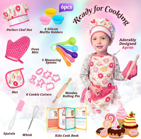 GIFTINBOX Kids Cooking and Baking Chef Set, 25PCS with Kids Apron,Chef Hat&Utensils Kids Cooking Set, Toddler Dress Up and Pretend Play Kitchen Toys, Birthday Toys for 3 4 5 6 7 8 Yr Old Girls Boys