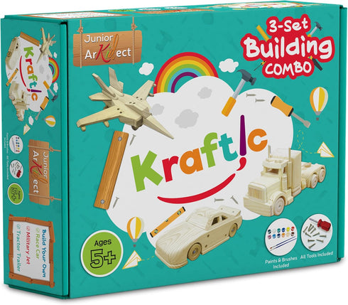 Kraftic Woodworking Building Kit for Kids and Adults - 3 Educational DIY Carpentry Projects, Wooden Military Jet, Race