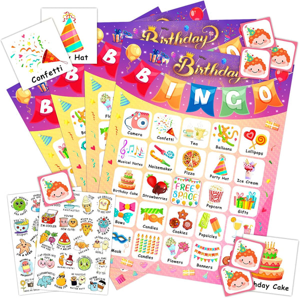 Happy Birthday Bingo Cards - 24 Players Birthday Party Game for Kids, Family Birthday Party Favor