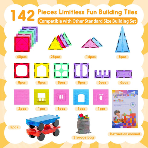 142PCS 2 3+ Upgraded Antibacterial Magnetic Tiles with Cars, Built-in Antibacterial Protection, Inhibits Bacterial