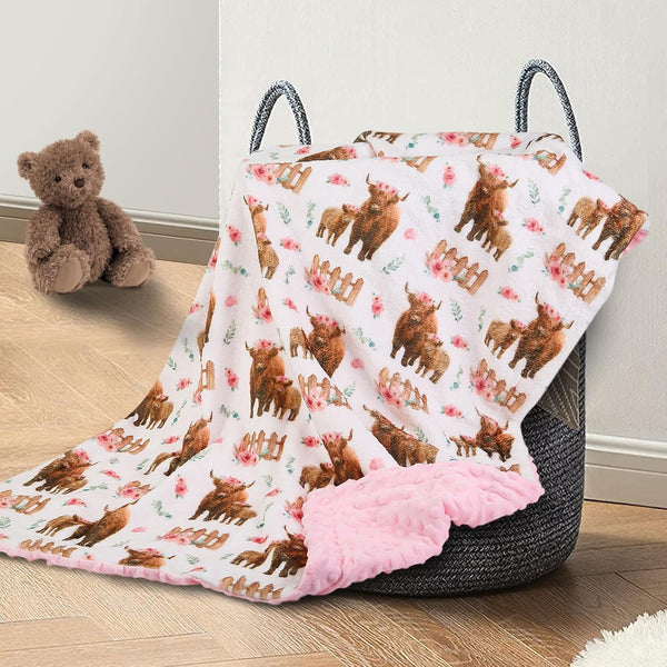 Highland Cow Lovey Baby Blanket for Boys Girls, Soft Fleece Minky with Dotted Backing, Newborn Toddler Crib Gift (26.5