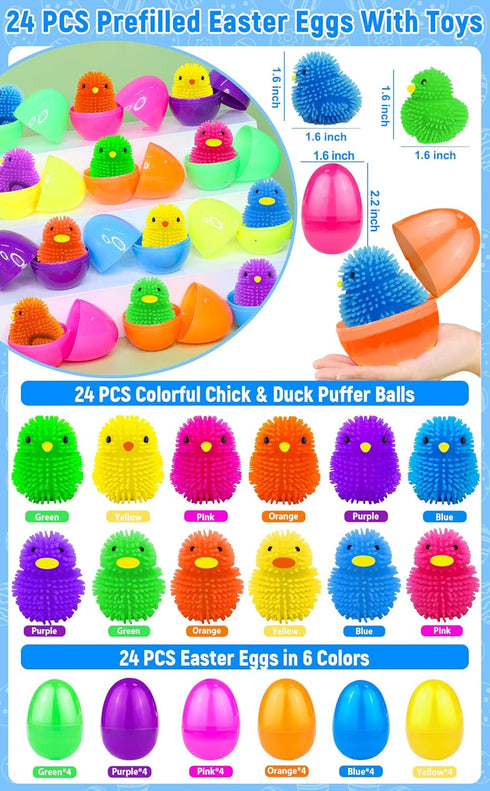 24 Pack AMENON Prefilled Easter Egg with Toys Fillers , Light Up Chick Duck Puffer Balls Easter Basket Stuffers Squeeze