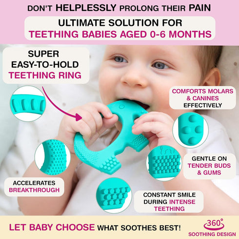 Teething Ring for Babies 0-6 Months - 5X Pain Relief Smart Teether, Cute Infant Chew Toy