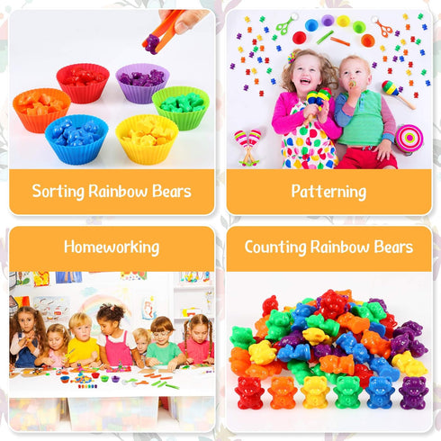 74 Pieces Counting Sorting Bears Set, Sensory Bin Tools with 60 Rainbow Sorting Bears, Tweezers, Scissors Clips,