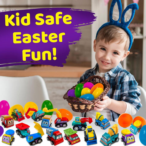 stargo 24 Pack set Colorful Prefilled Easter Eggs bulk with toys - Mini Car Construction Engineering Vehicles pull-back