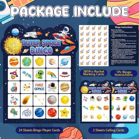 Leezead 24 Space Bingo Game, Players Outer Space Bingo Cards for Birthday Party Family Friends Large Group Activities