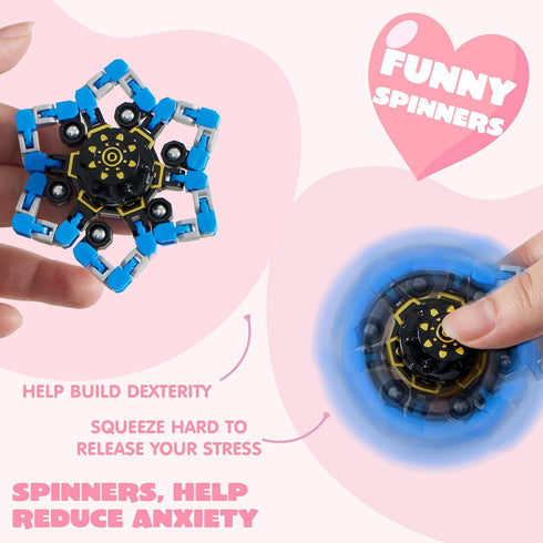 28 Packs 4-Design JOYIN Valentines Day Gift Cards with Fidget Spinners, DIY Chain Robot Fingertip Toys, Deformable