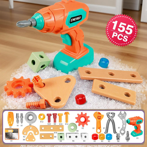 Set Drill,155Pcs Set Toolbox,STEM 3 4 5 3-5 Kids Tool with Toddler Tool with Montessori Toys for Year Old,Pretend Play