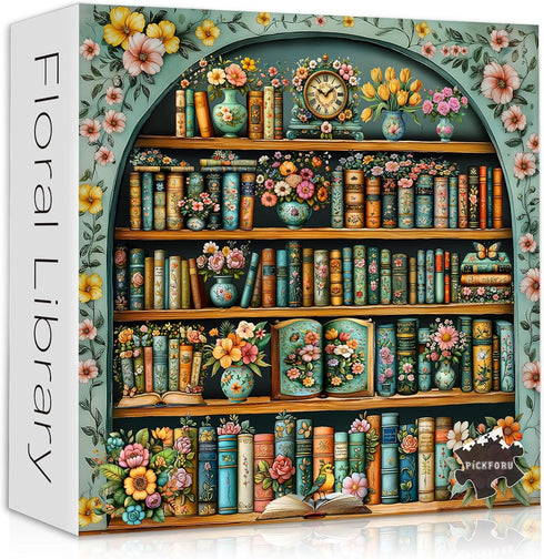 PICKFORU Vintage Bookshelf Puzzles for Adults 1000 Pieces, Flower Blooming Bookshelf Jigsaw Puzzle