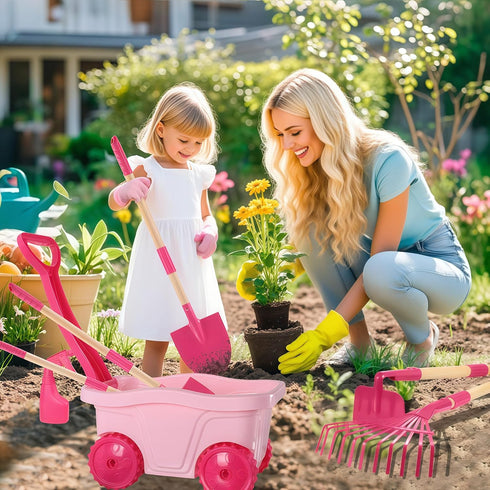Set Wheelbarrow Set Summer 2 3+ Kids Gardening Tools Outdoor Toys - Backyard Play for Kids with Shovel, Rake, Leaf